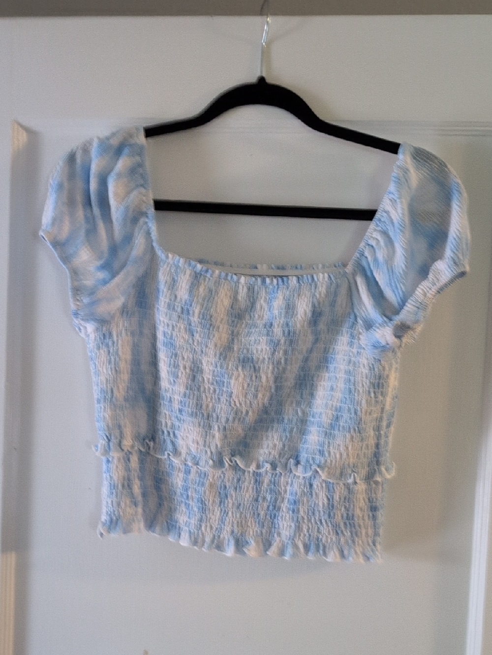 Lush Light Blue and White Smocked Puff-Sleeve Crop Top